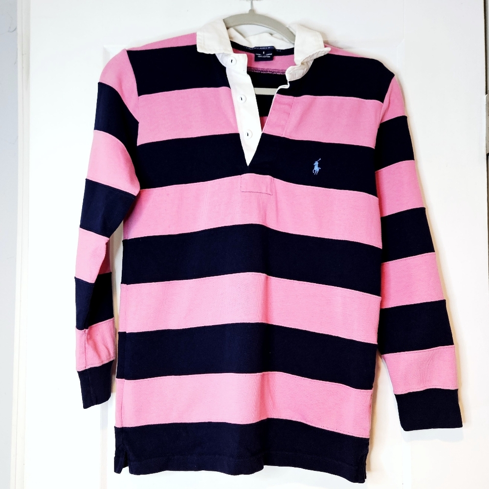 Ralph Lauren Women's Pink and Navy Striped Rugby Shirt
